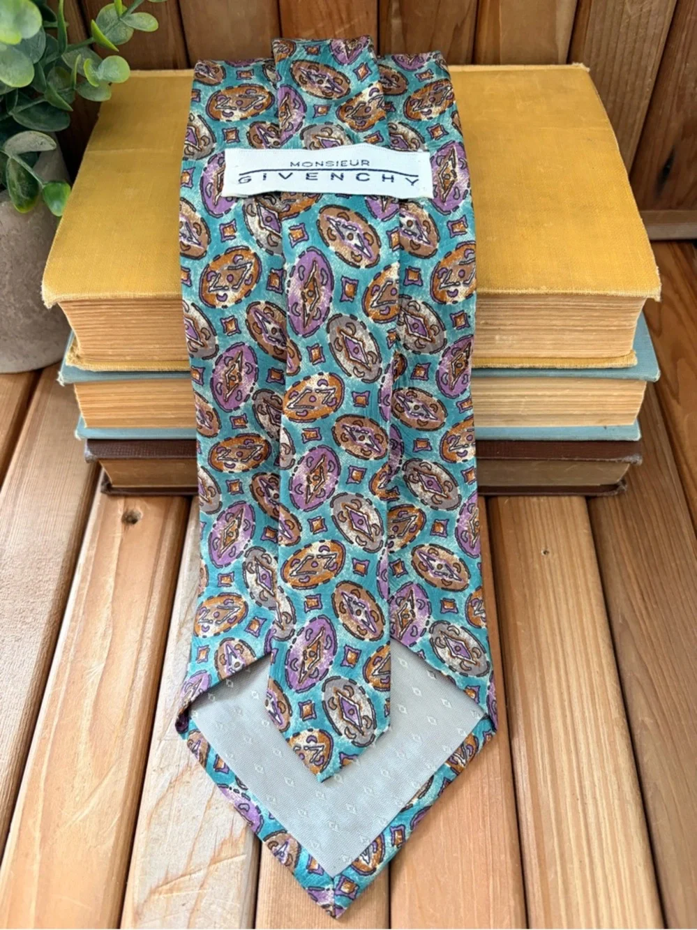 Givenchy Vintage Silk, Tie Teal Purple Geometric, Designer Menswear